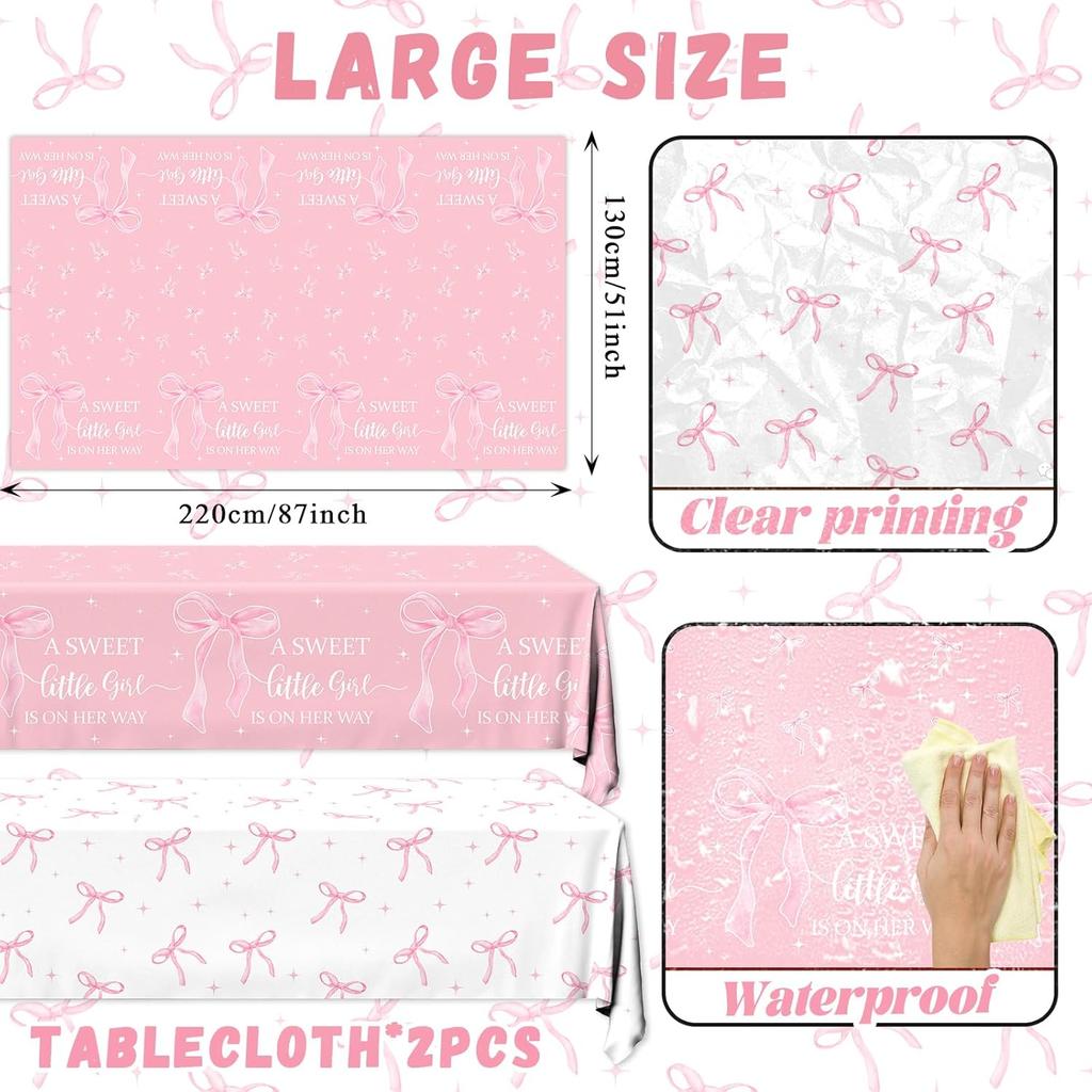 2Pcs A Sweet Little Girl is on Her Way Tablecloths,Pink Bow Baby Shower Decorations Coquette Bow Plastic Table Cover Pink Bow Birthday Party