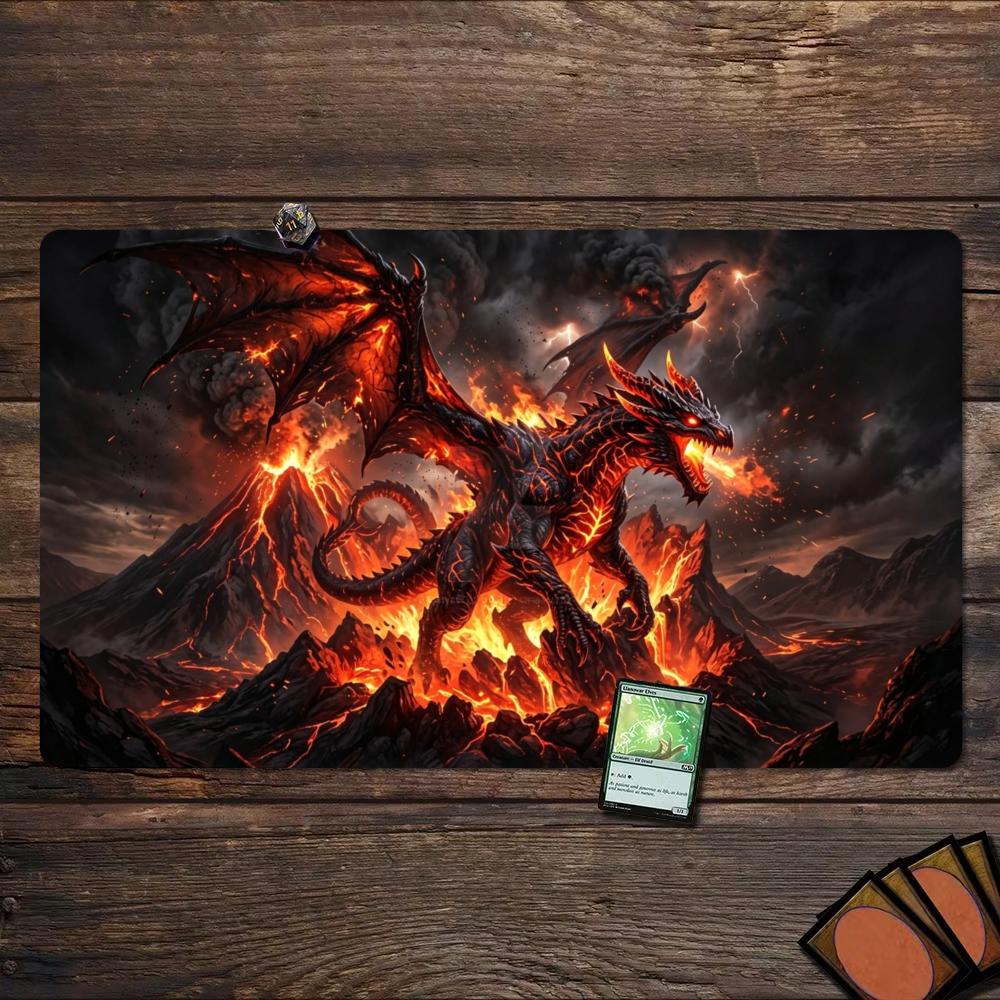 Epic Hellfire Lava Dragon Volcanic Mountain Storm Art TCG Playmat 35X60CM MTG Duel Mat Non-Slip Stitched Large Desktop Mat