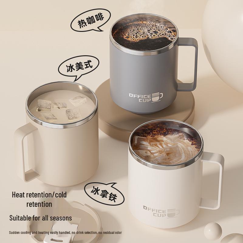 Kancelářský hrnek na kávu s víčkem: Nerezová ocel 304, Dvouvrstvá, Kreativní design, Vysoká hodnota, Kelímek na vodu