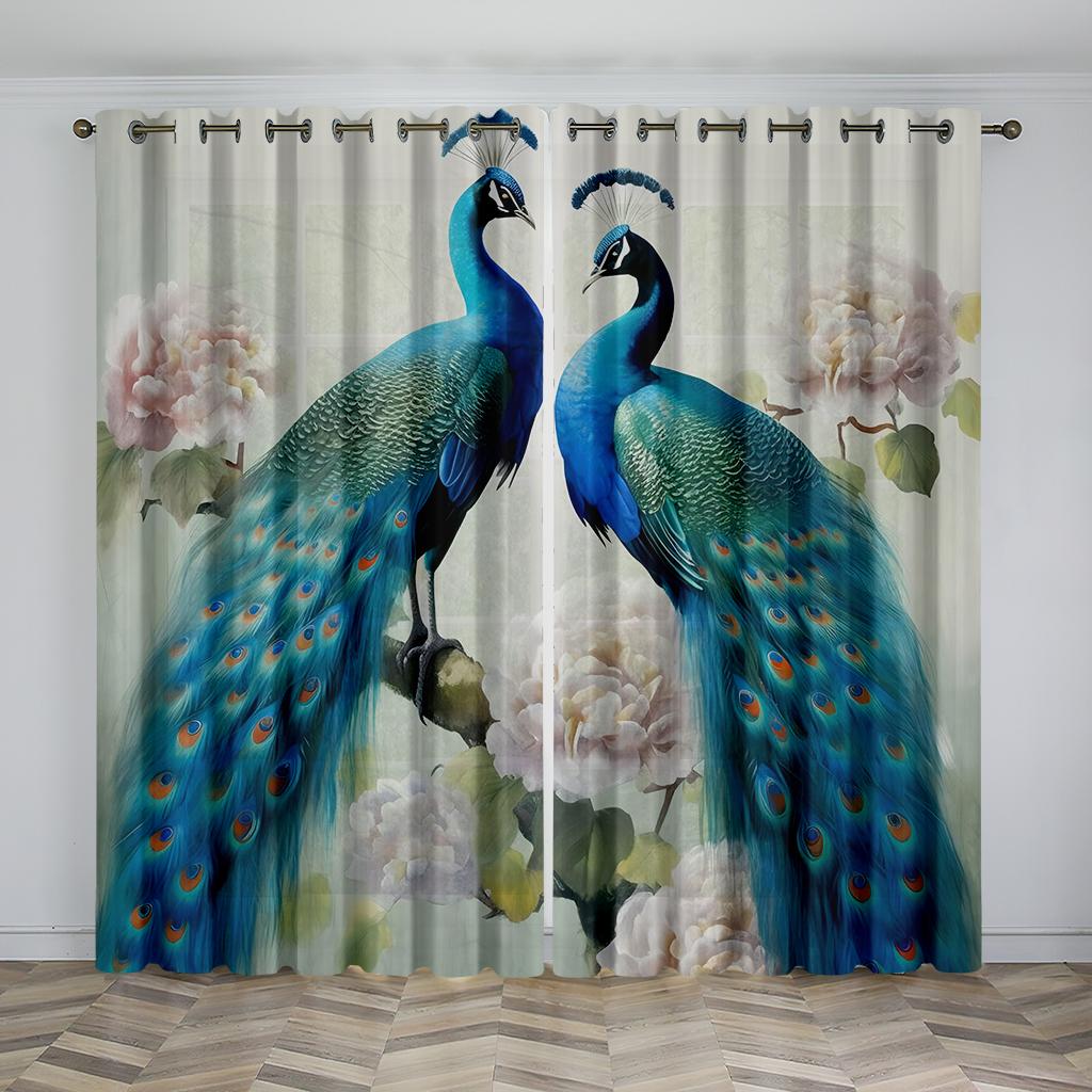 Peacock Blue Feather Animal-themed Blackout Curtains, a Set of Two Panels, Suitable for Decorating Living Rooms, Bedrooms, Studi