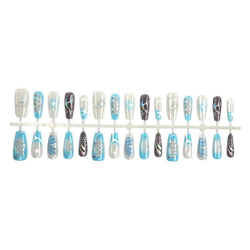 30-Piece European & American Style Press-On Nails, Rhinestones, Sparkling Contrast Colors, Long Square Tips.