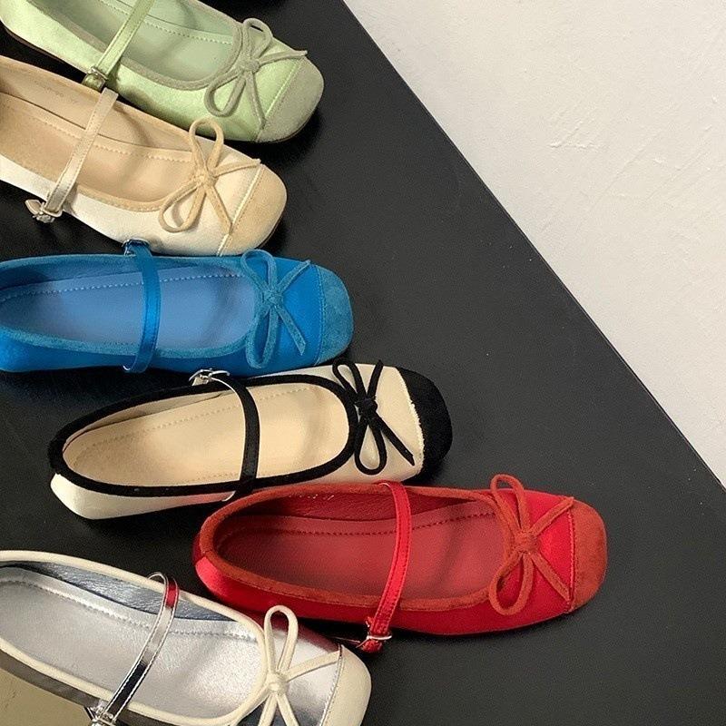 Bow splicing single shoes women's new one-button ballet flats