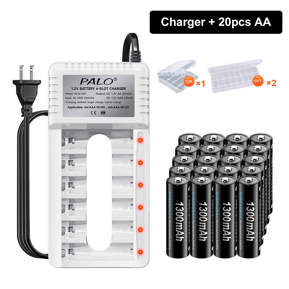 PALO Rechargeable Battery AA 1.2V Ni-MH Batteirse AA(HR6) 1300mAh and AAA(HR03) 600mAh NI-MH 2A/3A Rechargeable Batteries+6-slot charger