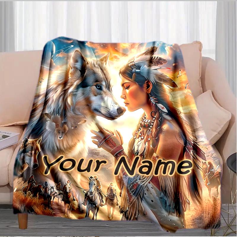 1PC Custom Name Wolf Spirit Journey Flannel Blanket Versatile,all-season Throw Suitable for the Living Room,bedroom,camping,travel,and Gift
