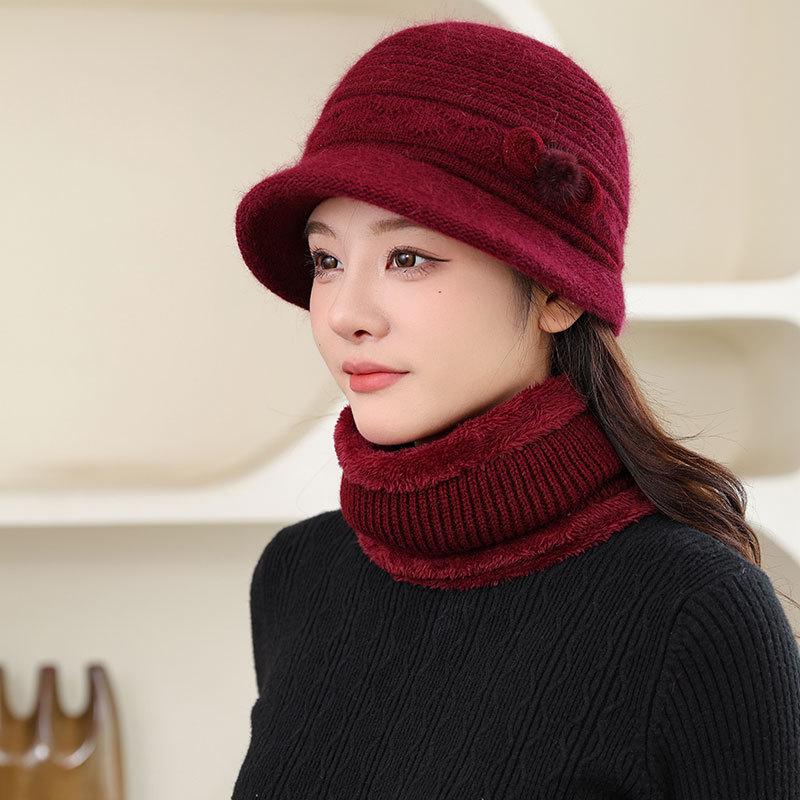 Fleece Warm Hat Ladies Mom Rabbit Plush Fashion Knitted Scarf Basin Hat Winter Grandma Windproof Hat
