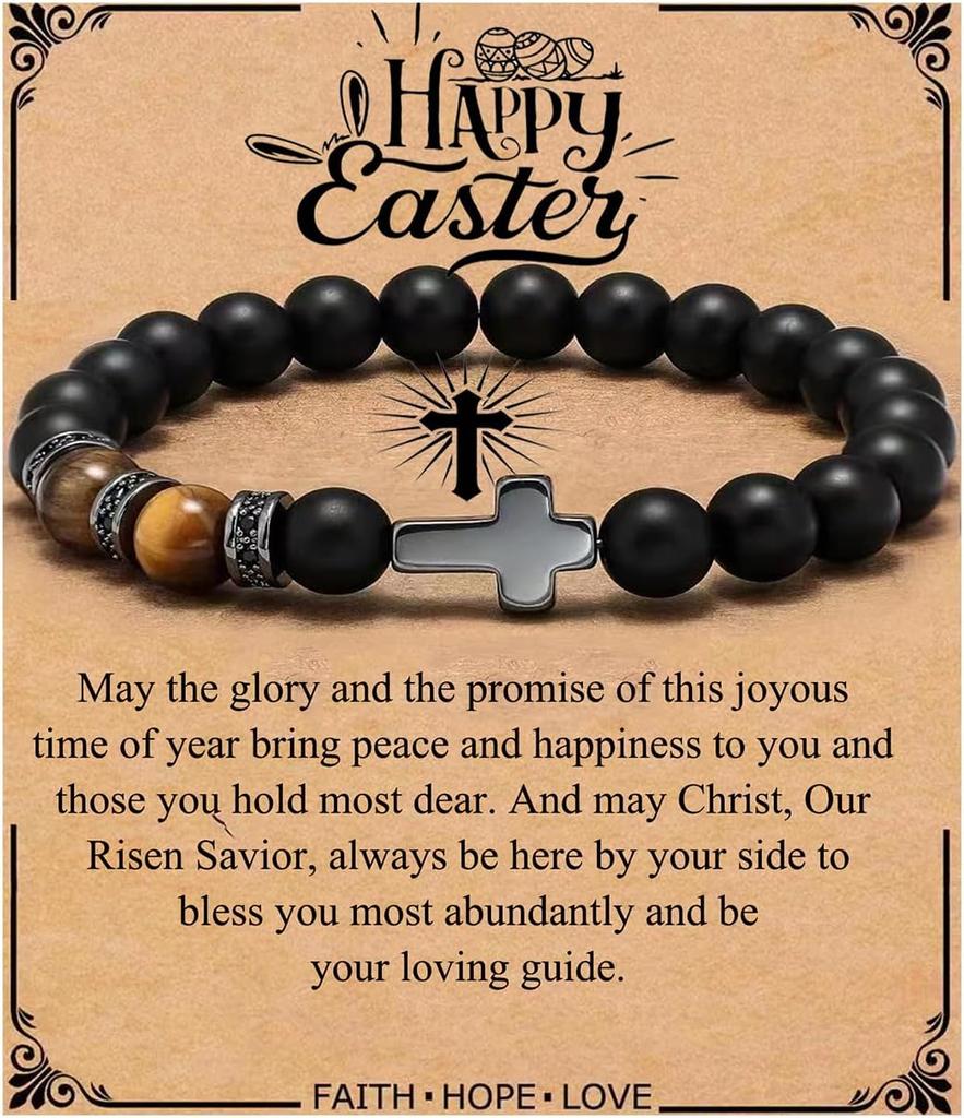 Kreuz Armband für Männer Sohn Bruder Taufe Kommunion Geburtstag Jahrestag Weihnachten Christlich Schwarze Tigerauge Perlen Schmuck