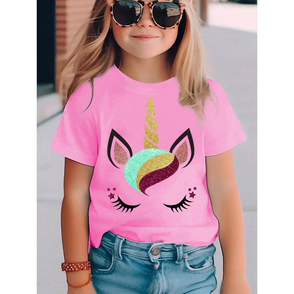 Summer Fashion Girls' Short Sleeved T-shirt "Unicorn" Printed Casual Versatile Top