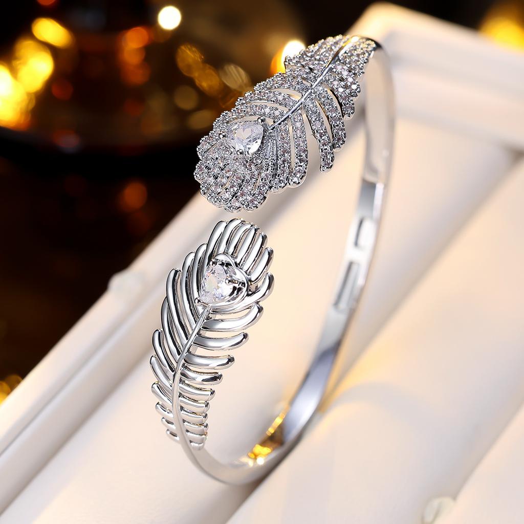 Inlaid Zirconium Open Bracelet European and American Style Asymmetrical Double Feather Exquisite Commuting Versatile Bracelet