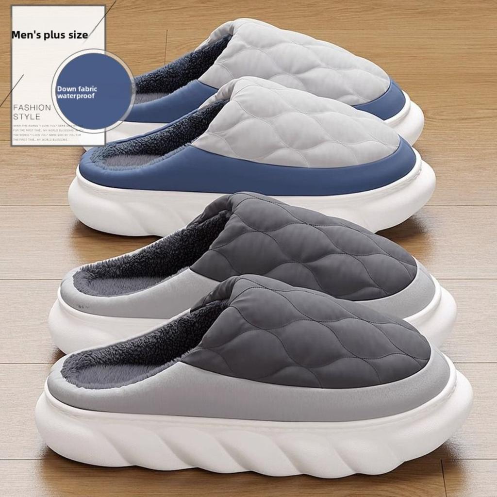 Daunenstoff Baumwollpantoffeln Wasserdicht Herren Zuhause Übergröße Indoor Anti-Rutsch Plüsch Warm Herbst und Winter Baumwollpantoffeln für Damen