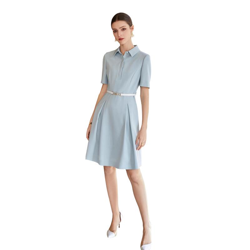 2024 Women's Blue Stand-Up Collar Short-Sleeve Shirt Dress for Office Commute