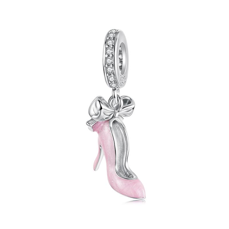 WOSTU 925 Silver Pink High Heel Charm Champagne Pendant Cherry Bead Fit Bracelet Necklace Sweet Girl Birthday DIY Jewelry Gift