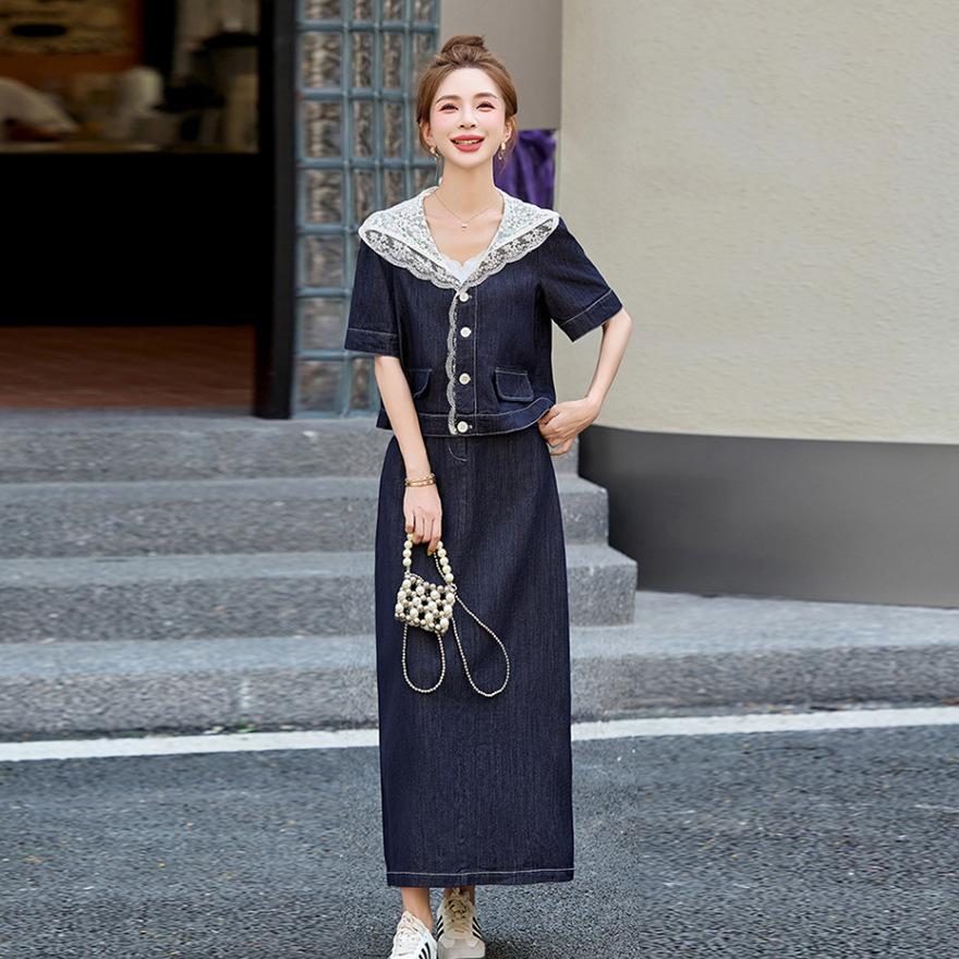 Xiaoxiangfeng denim suit skirt women's new summer super fire temperament Korean version design skirt two-piece set