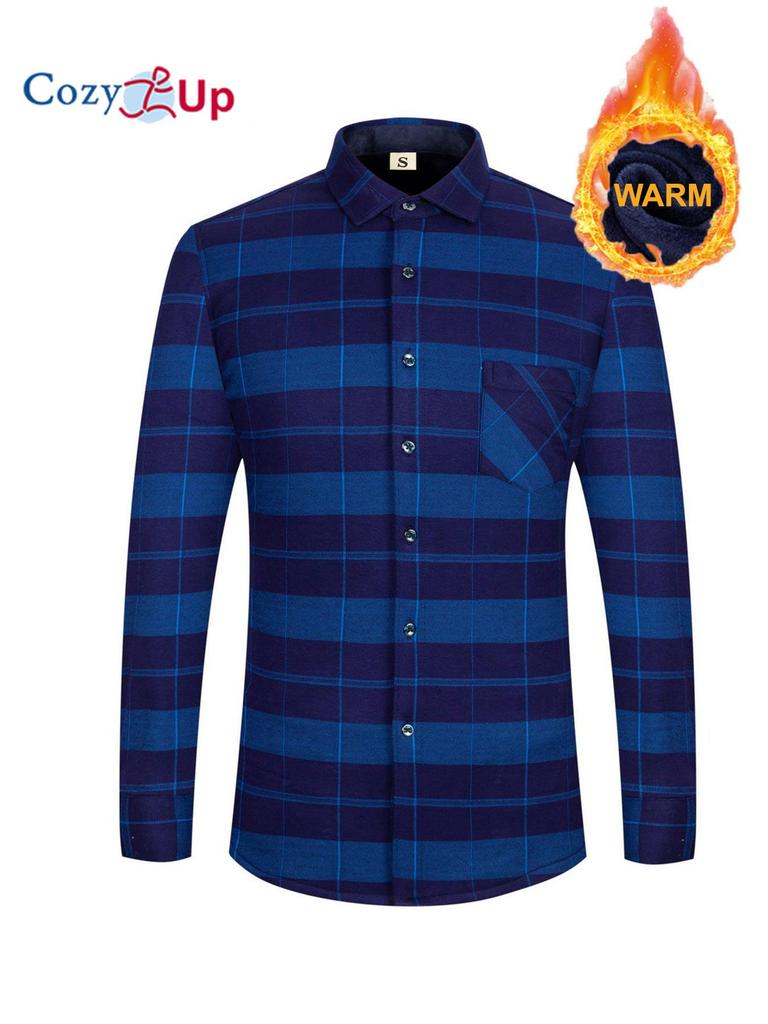 Cămașă caldă cu model în carouri ocazional pentru bărbați Cămașă cu mânecă lungă cu buzunar la piept, cămașă pentru bărbați plus fleece groasă cu nasturi