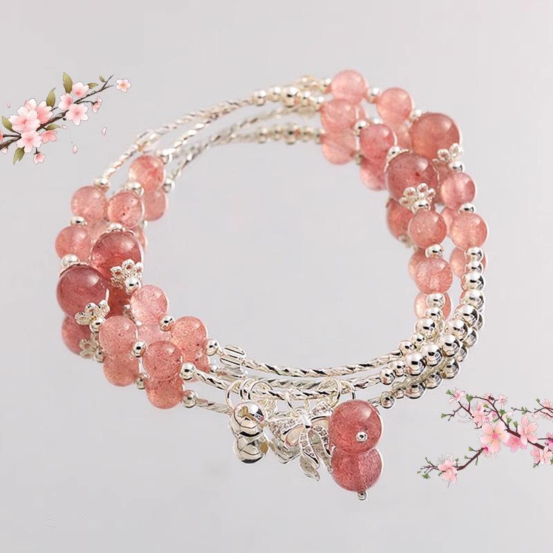 Natural Strawberry Crystal Zircon Bow Bracelet Women's Double-layer Stacked High-end Bracelet Small Fresh Light Luxury Jewelry Women