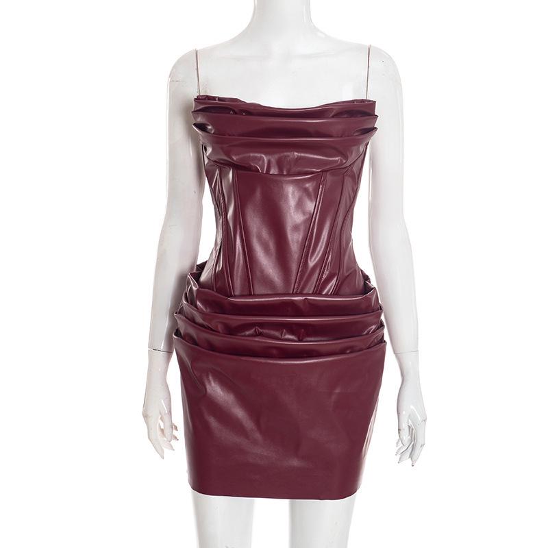 European & American Women s Sexy Strapless PU Leather Ruched A-line Dress Small