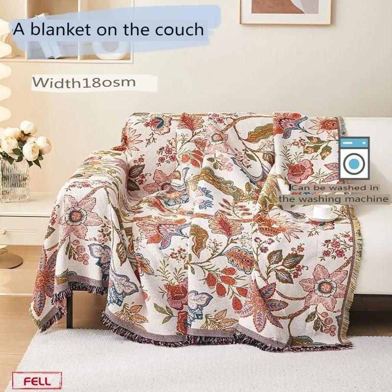 Polyester-cotton sofa cover cloth towel, sofa blanket full cover, flower thickened cover, universal in all seasons, non-slip and anti-cat scratch