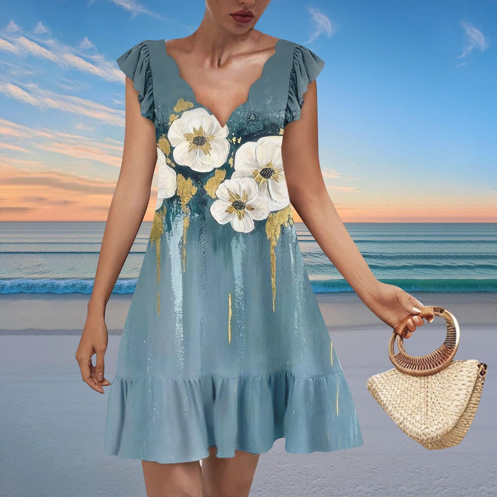 

Женское модное повседневное платье с V-образным вырезом, волнистым краем и принтом, с коротким рукавом M