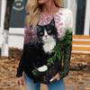 Women's 3d Colorful Cartoon Kawaii Cat Print Autumn Long Sleeve Tops Women's T-Shirt O-Neck Oversized Ladies Clothing
