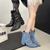 Pants boots fried street short boots new blue thick heel pointed women 2025 summer retro British western cowboy boots