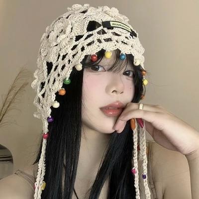 Tassel Knitted Head Hat for Women Retro Hollow Ethnic Style Pullover Hat Handmade Knit Hat