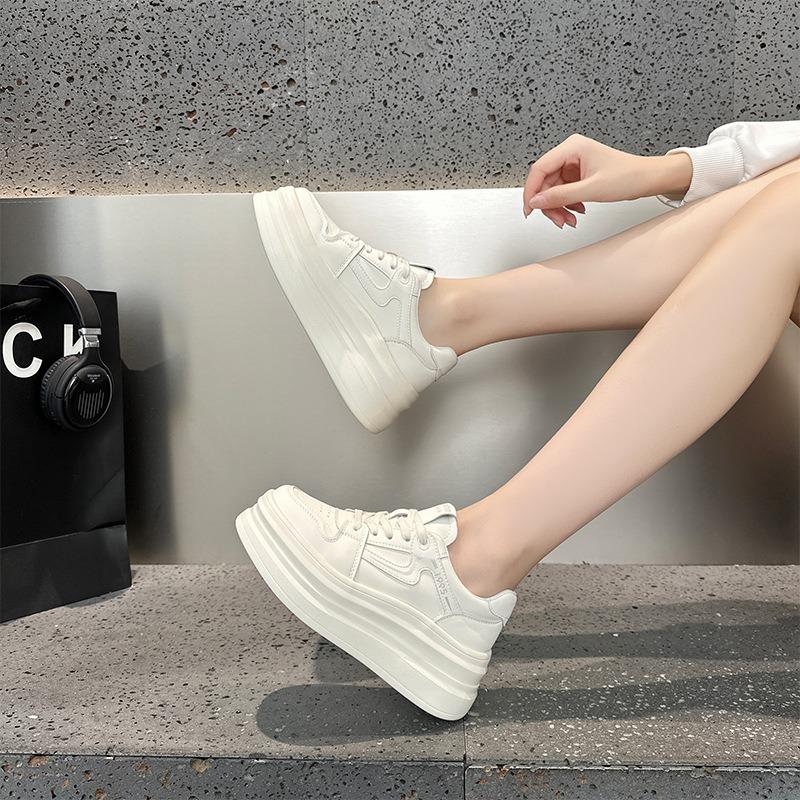 Leather little white shoes women's autumn new thick-soled heightening casual board shoes women's lace-up student shoes women