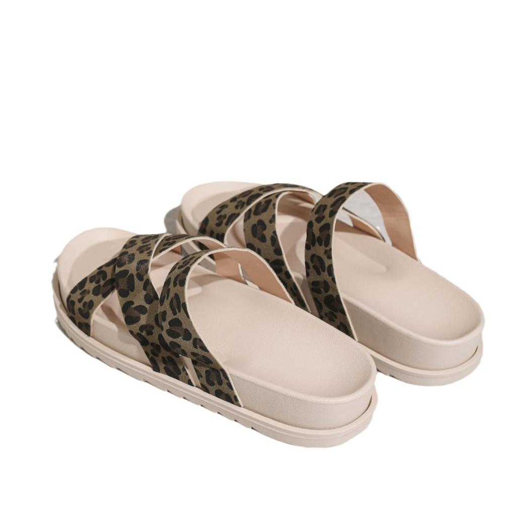 Wear one-pedal slippers outside the home, leopard print cross-cloth flats, comfortable and simple double-layer ivory white flat slippers