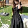 Bow Sleeveless Dress Summer V-neck Waist Thin Black Dress Summer French Lapel Tie French