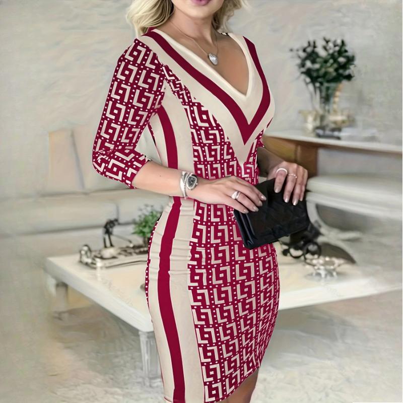GMXIA Women's Fashion Geometric Pattern Wrap Hip 3/4 Sleeves Dresses