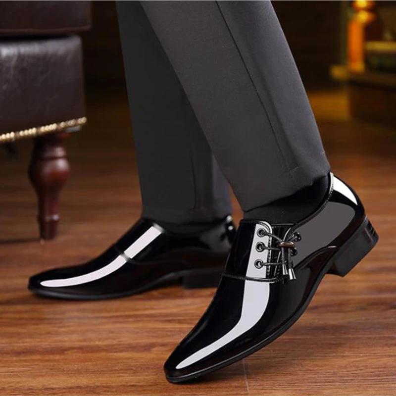 Fashion Men Pointed Toe Leather Shoes Men's Business Formal Shoes Men's Bright Casual Shoes   Plus Size 38-48