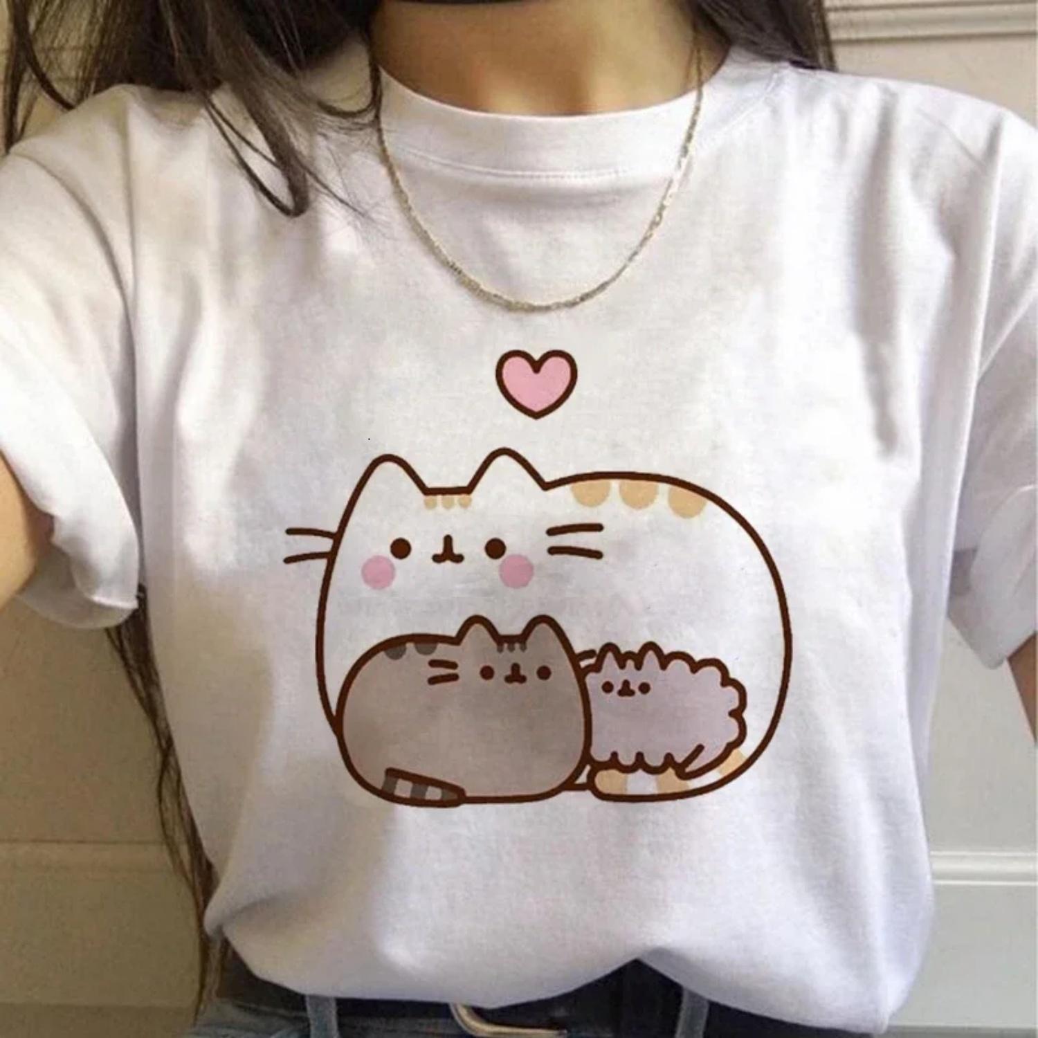 

dla kobiet Kawaii koty z grafiką Top damski T-Shirt Harajuku słodkie dziewczyny Streetwear casualowe damskie topy z motywem Y2k XXXXXL білий