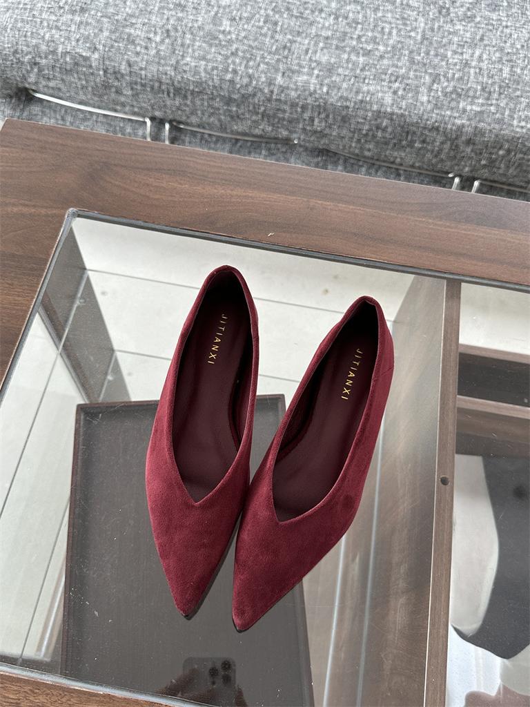 Retro Flat Heel Pointed Head Shallow Mouth Single Shoes Women's Shoes Suede Temperament One Pedal V Mouth Soft Sole Inner Height Increase Flat Shoes