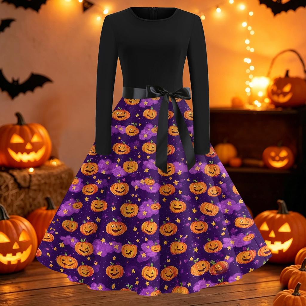 Women's Vintage Halloween Print Round Neck Casual Dress for Everyday Wear