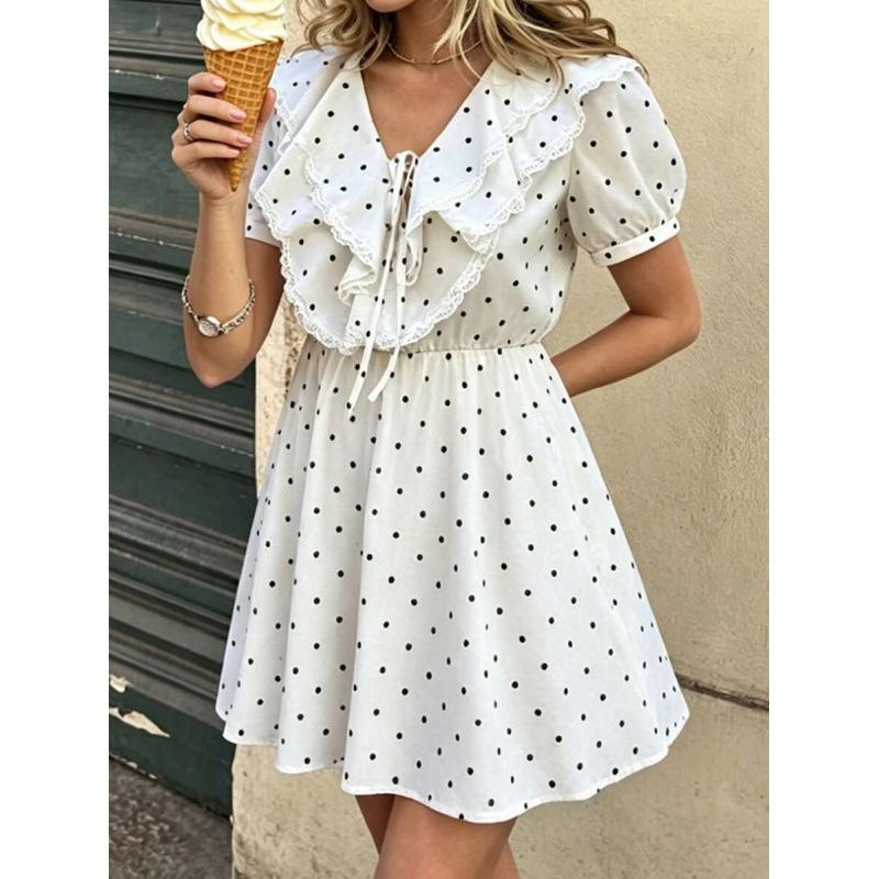 European summer new sweet polka dot lace edge double-layer ruffle leaf edge V-neck short-sleeved dress S