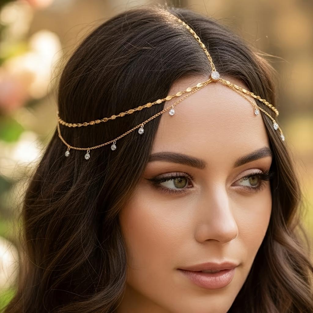 Vintage čelenka na čelo s kamienkami pre nevestu - Boho krištáľový doplnok do vlasov Šperková čelenka na svadby, plesy a večierky