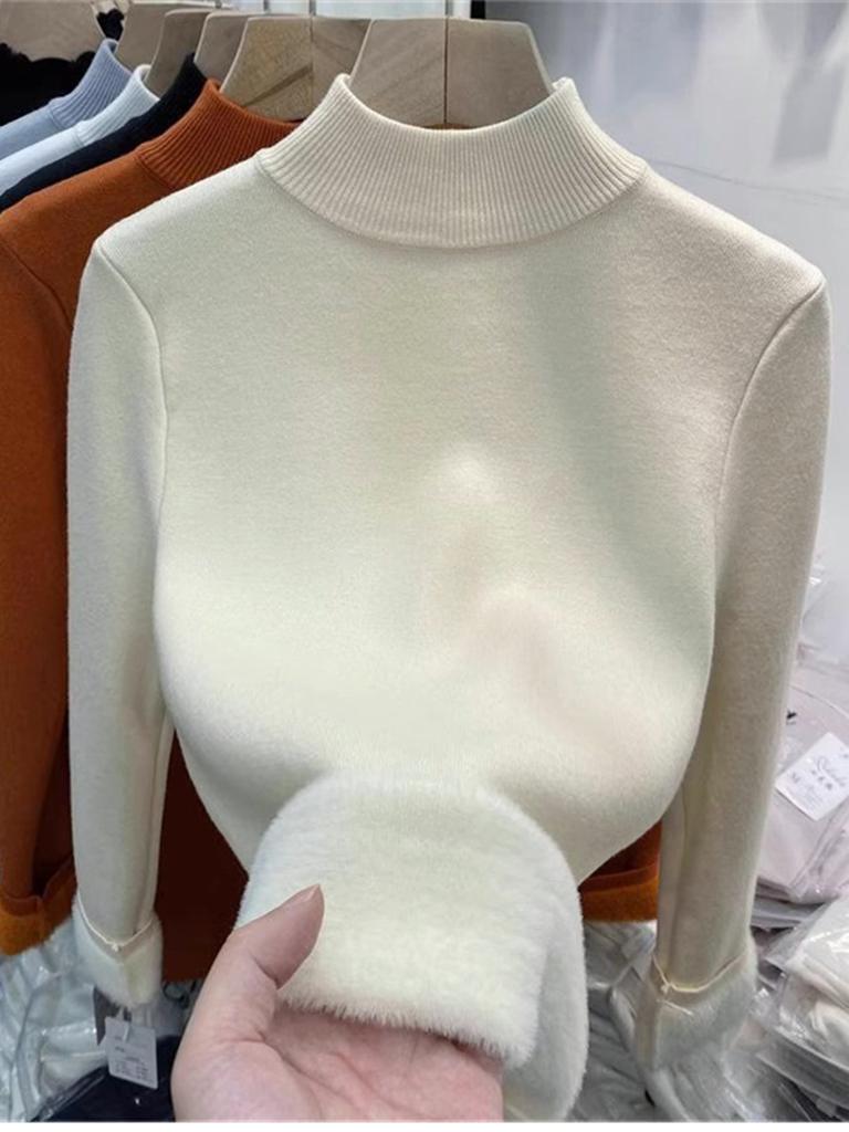 High-end Small Stand-up Collar Stacked To Wear an Integrated Fleece Sweater for Women's Autumn and Winter Basic Milk Ruffle Bottomed Knitted 