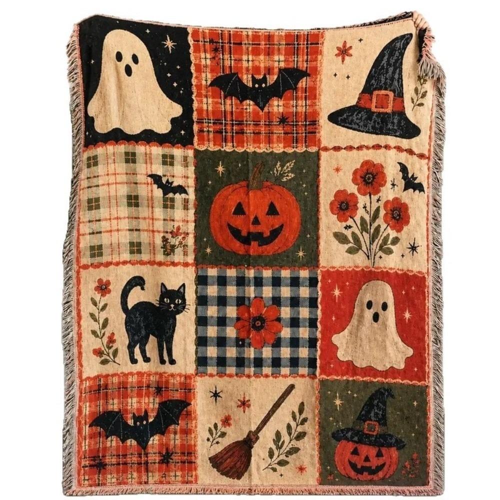 Vintage Halloween Patchwork Blanket Warm Sofa Blankets Pumpkin Ghost Blanket  All-Season