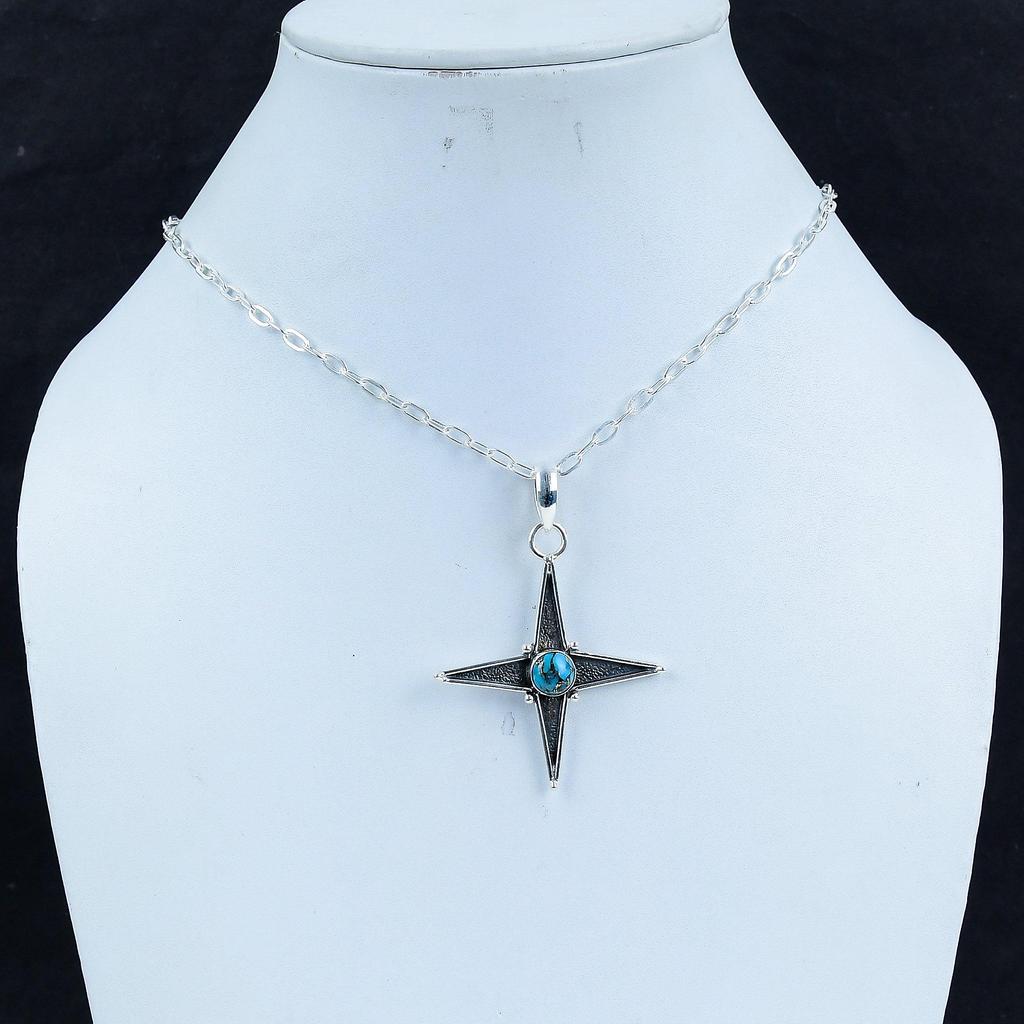 Blue Copper Turquoise Gemstone Silver Pendant In 925 Sterling Silver - Handmade Star Design, Everyday Wear Jewelry, Unique Designs Pendant Gift