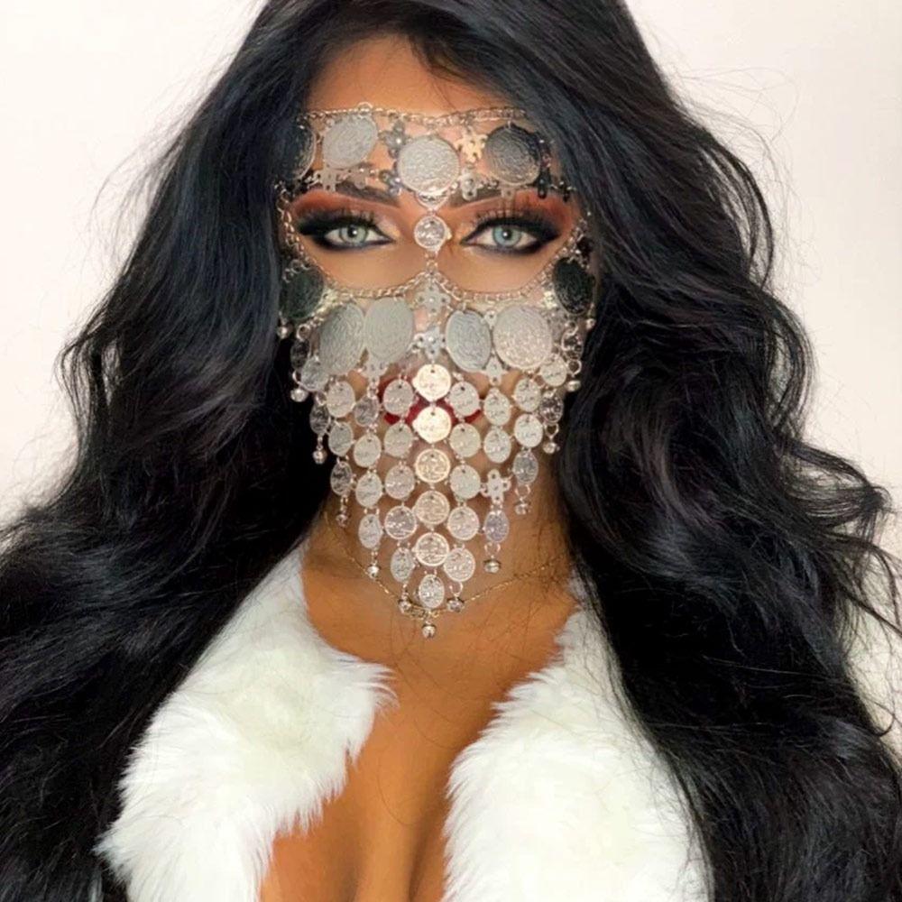 Coin Bell Tassel Masquerade Mask Veil Bohemian Style Luxury Belly Dance Stage Cosplay Hollow Out Fashion Women's Jewelry Mask