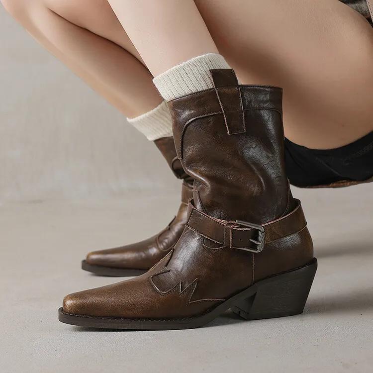 Fashion New Autumn Winter Split Leather Women Boots Fashion High Heels Square Toe Shoes for Women Short Boots Women Mujer Western Boots
