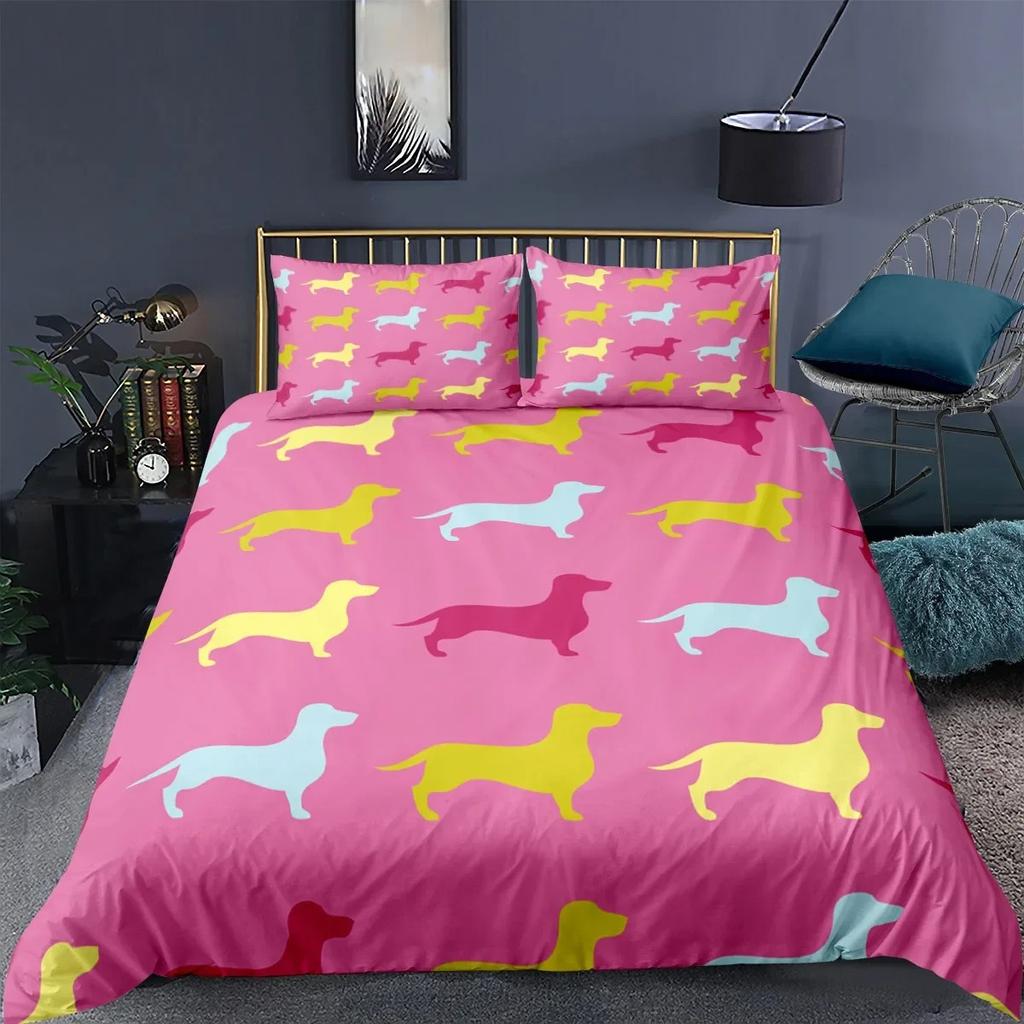 Dachshund Dog Bedding Set Cute Colorful Puppy Duvet Cover Cartoon Pet Dog King Queen Full Polyester Quilt Cover