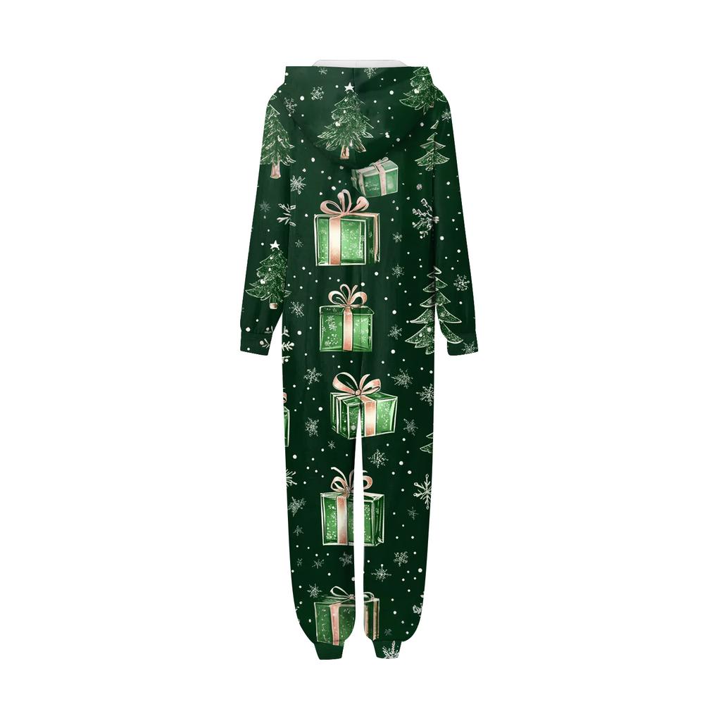 Christmas Print Family Matching Hooded Long Sleeved Zippered Jumpsuit Set