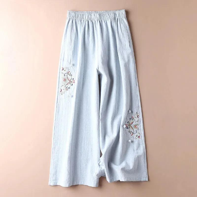 Women Casual Straight Pants Blended Female Trousers Flower Embroidery Loose Wide Leg Pants for Women Pantalon Femme