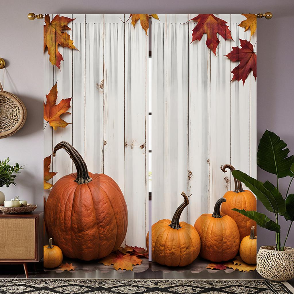 2 stuks HD Thanksgiving pompoen Esdoornblad Tuindecoratie gordijn Geel lint digitaal bedrukt gordijn Huisdecoratie stijl De