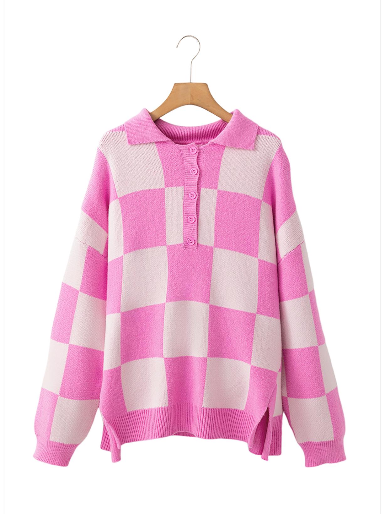 

Шийинг Розовый Клетчатый Свитер с Заниженным Плечом - Женский Универсальный Трикотаж на Половине Пуговиц для Зимней Моды S розовый