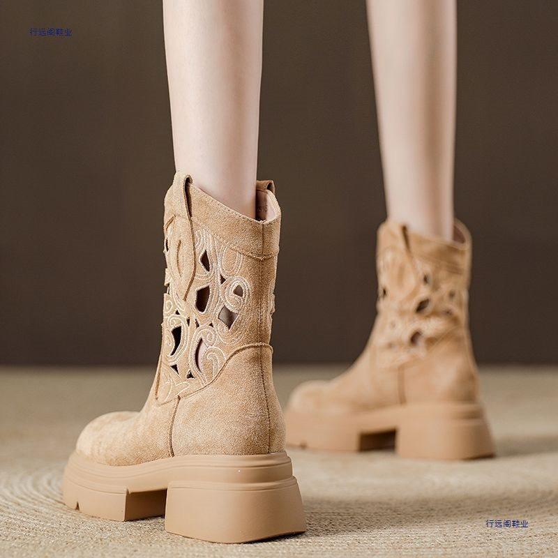 Thick-soled retro hollow western cowboy small short boots new breathable heightening cool boots summer mid-tube Martin boots