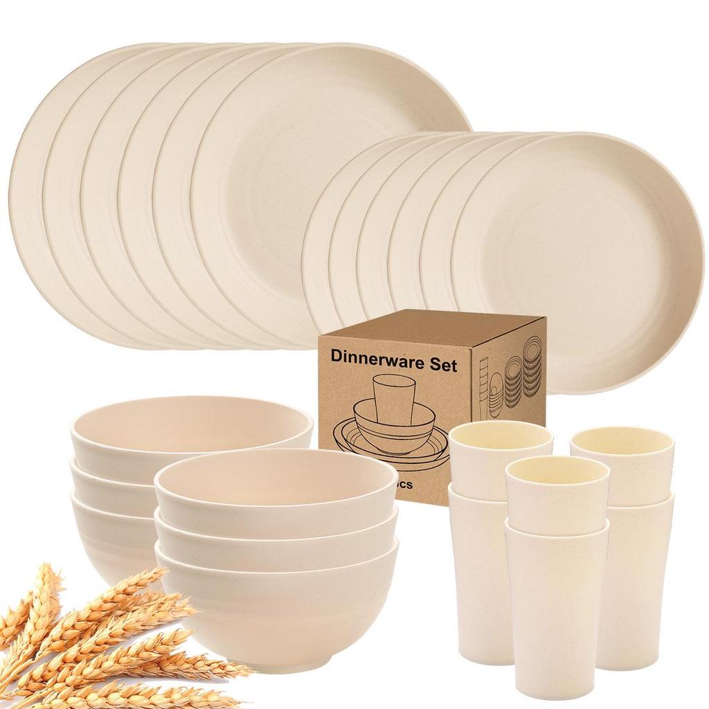 Eco-Friendly Wheat Straw 24-Piece Dinnerware Set: Plates, Bowls, Cups & Cutlery