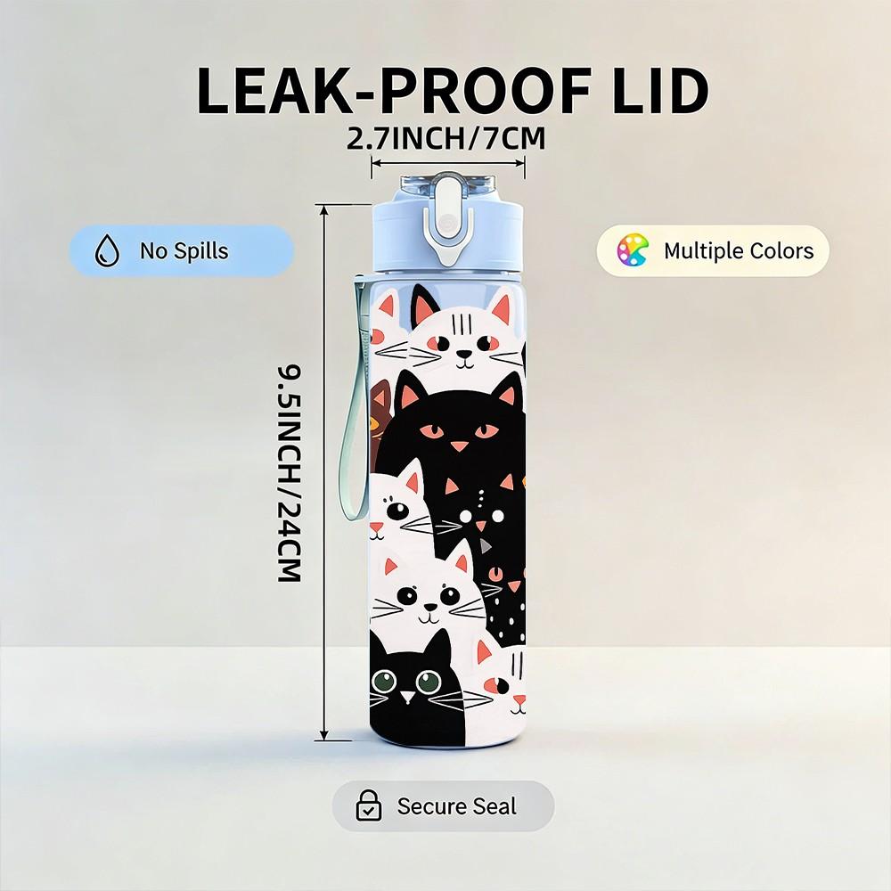 1PC Color Cat Kitten Cartoon Group Print 750ml Color Plastic Sports Water Bottle Leakproof Flip Straw Lid Suitable for Sports Office Home Use
