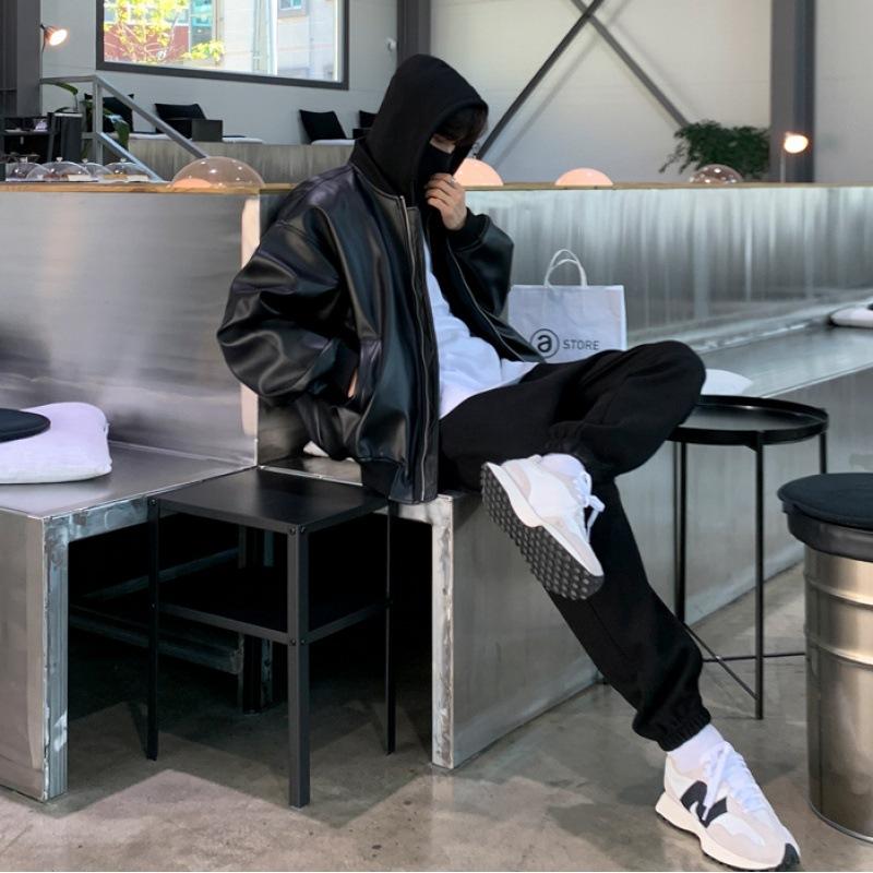 Leather Jacket Men's New Fake Two-piece Hooded Jacket Korean Style Loose Trendy Brand Workwear Leather Jacket