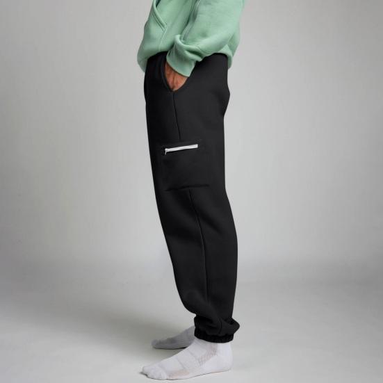 Women Sweatpants Elastic Waist Wide-Leg Casual Trousers with Pockets Solid Color Thickened Plush Lining Sport Sweatpants