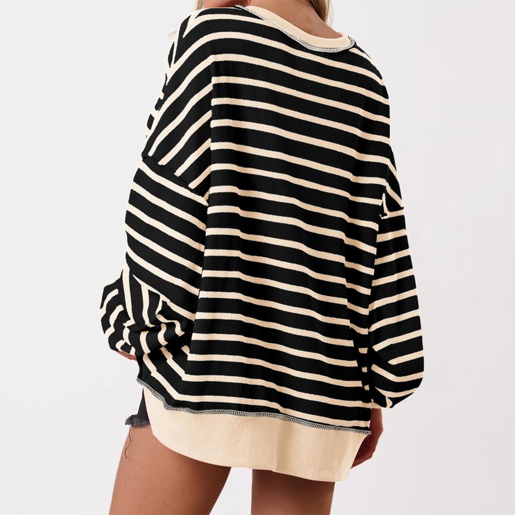 Women's Fashion Striped Round Neck Long Sleeve Button Top Color Blocked  Pullover Sweatshirt Top